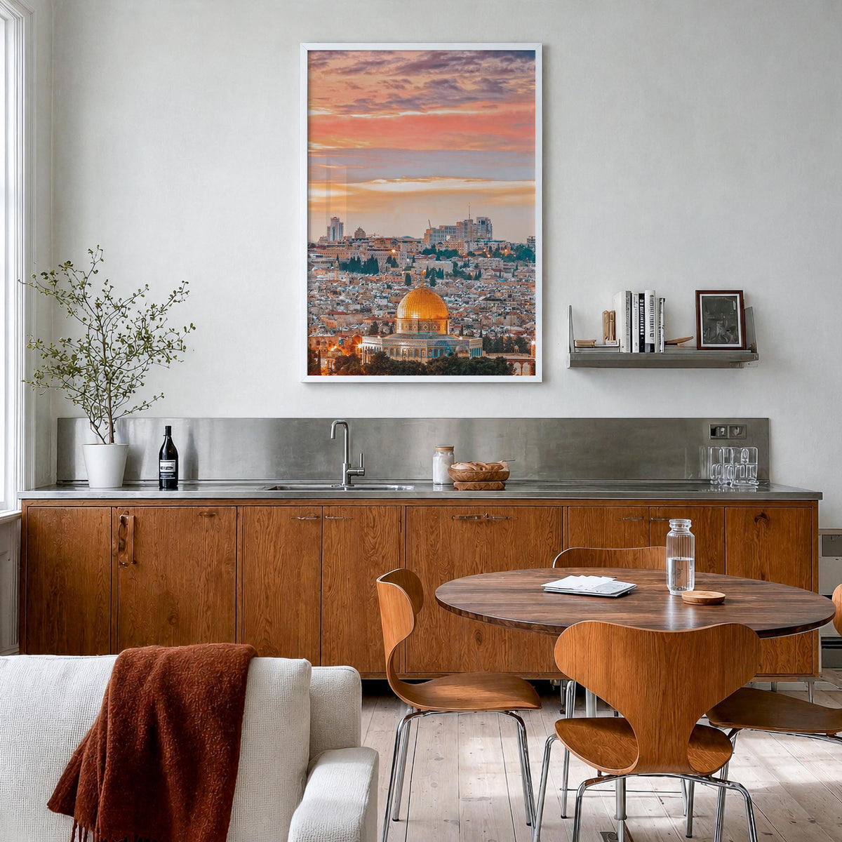Jerusalem colorful photo poster of Middle East – vertical wall art in white wood frame, hanging on wall