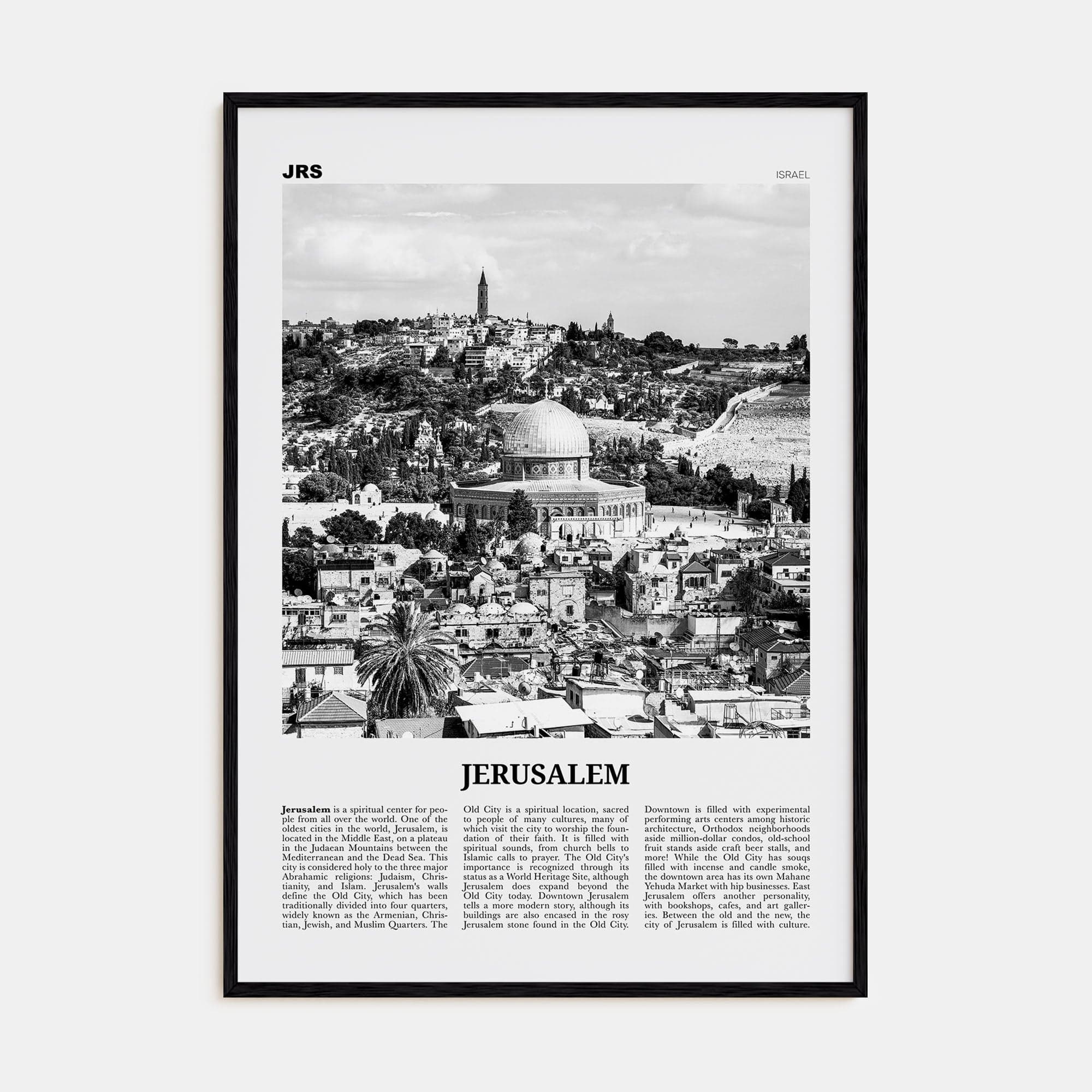 Jerusalem Poster Black Wood / 8x12 in Nbourhood Travel B&W Poster