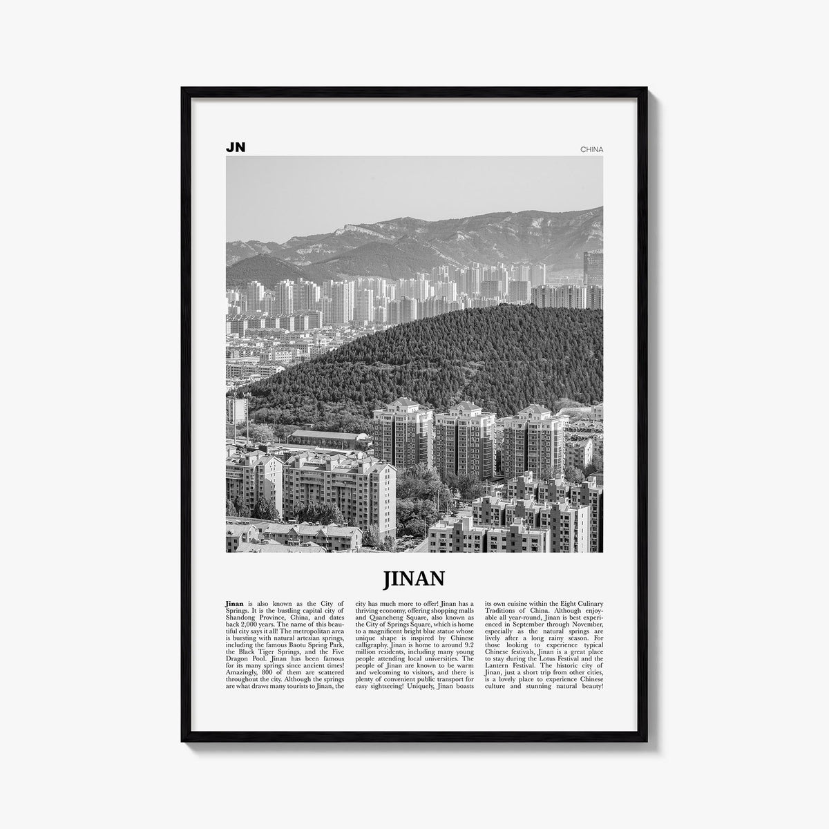 Jinan black & white newspaper poster of China – vertical wall art, unframed print shown in interior mockup