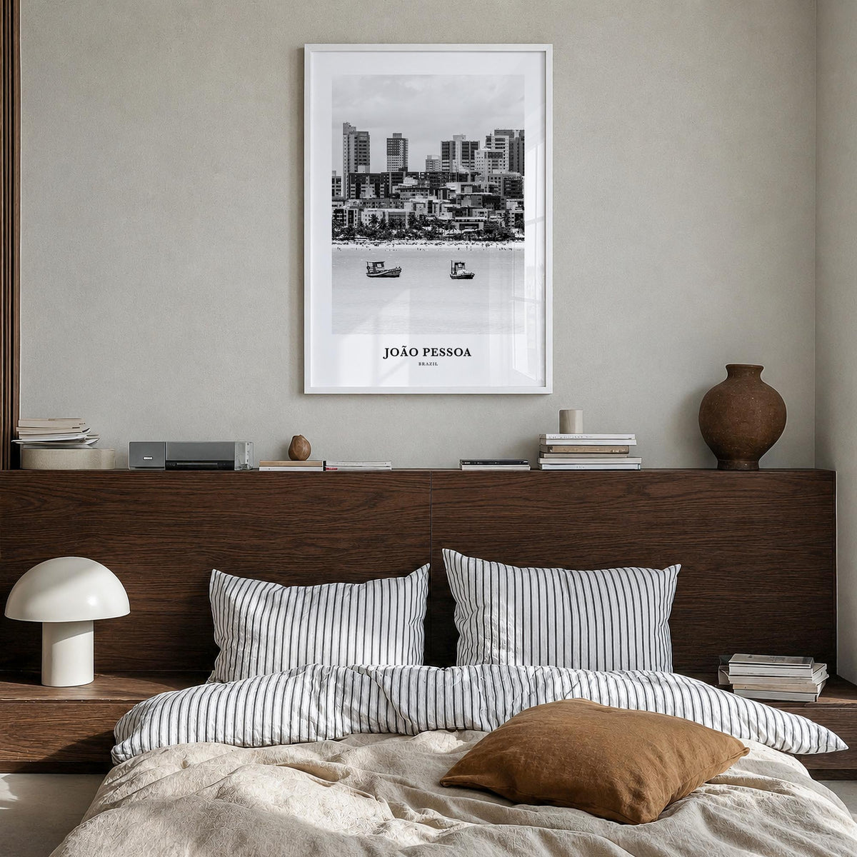 João Pessoa black & white classic poster of Brazil – vertical wall art in white wood frame, hanging on wall