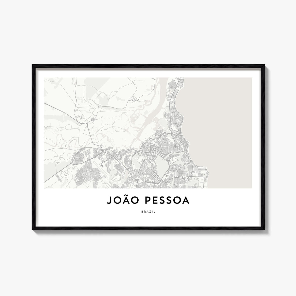 João Pessoa black & white map poster of Brazil – horizontal wall art, unframed print shown in interior mockup