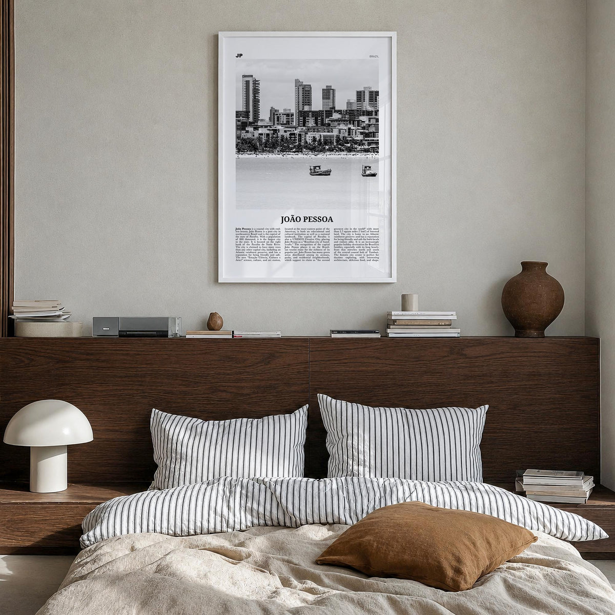 João Pessoa black & white newspaper poster of Brazil – vertical wall art in white wood frame, hanging on wall