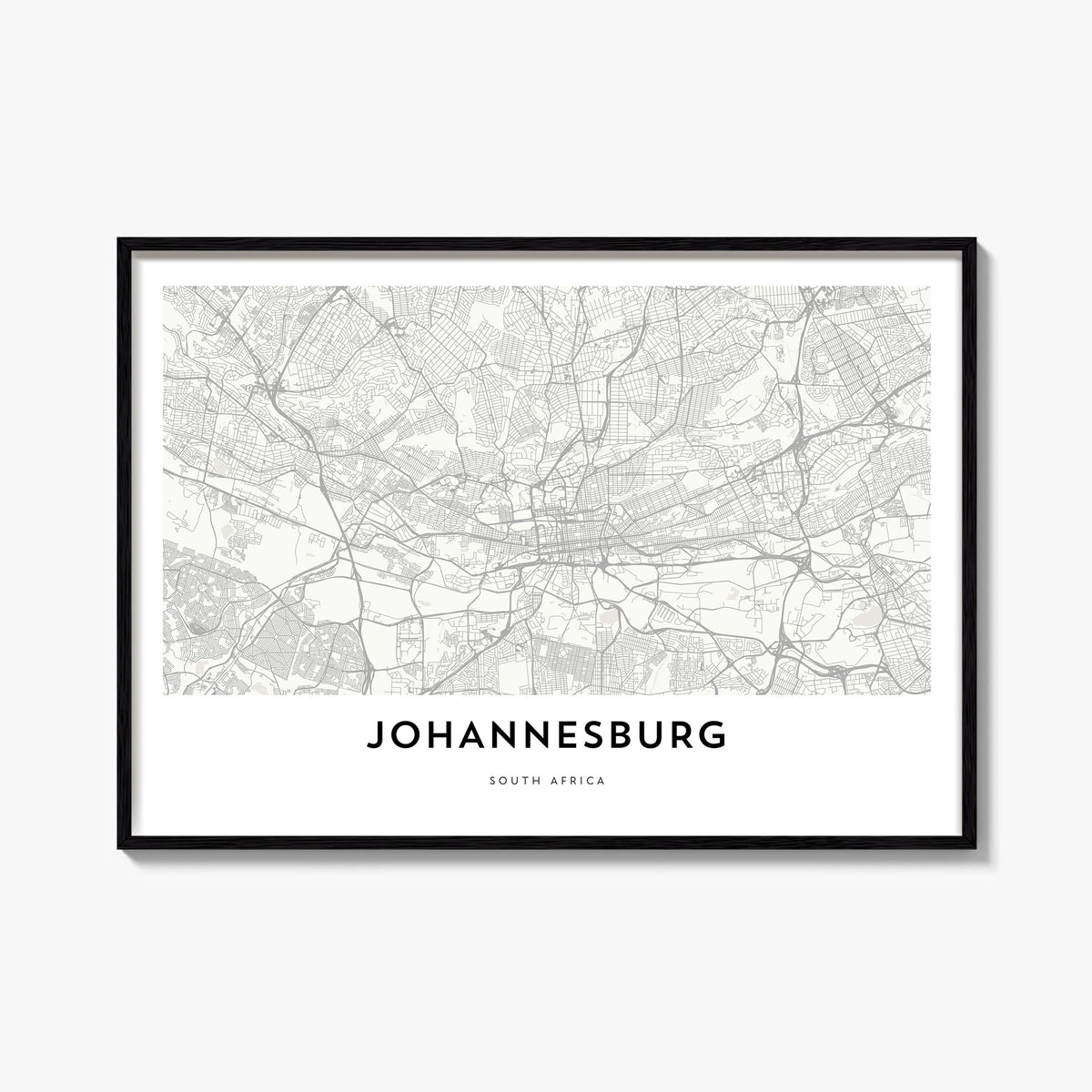 Johannesburg black & white map poster of South Africa – horizontal wall art, unframed print shown in interior mockup