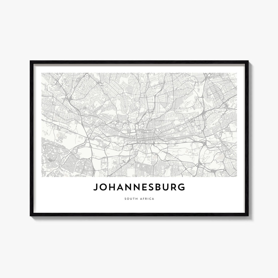 Johannesburg black & white map poster of South Africa – horizontal wall art, unframed print shown in interior mockup