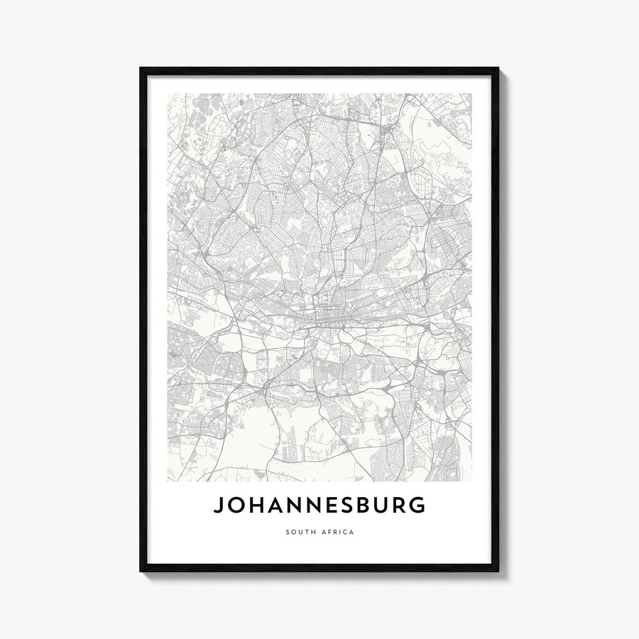 Johannesburg black & white map poster of South Africa – vertical wall art, unframed print shown in interior mockup
