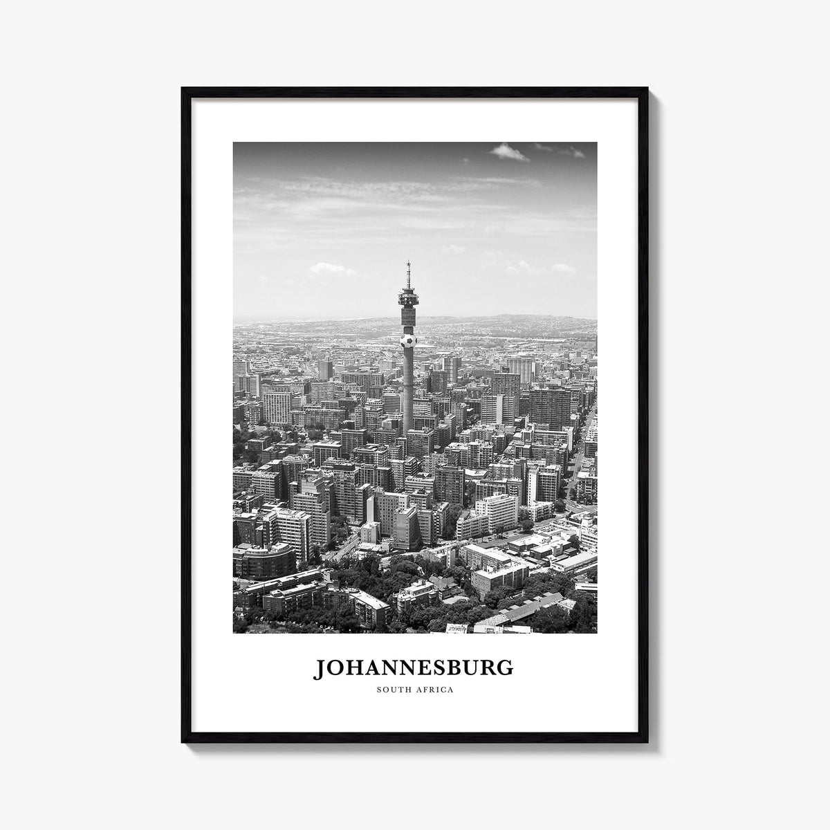 Johannesburg no. 1 black & white classic poster of South Africa – vertical wall art, unframed print shown in interior mockup