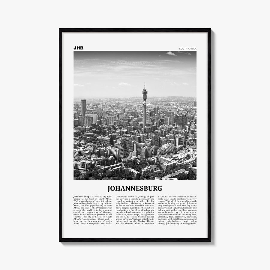 Johannesburg no. 1 black & white newspaper poster of South Africa – vertical wall art, unframed print shown in interior mocku