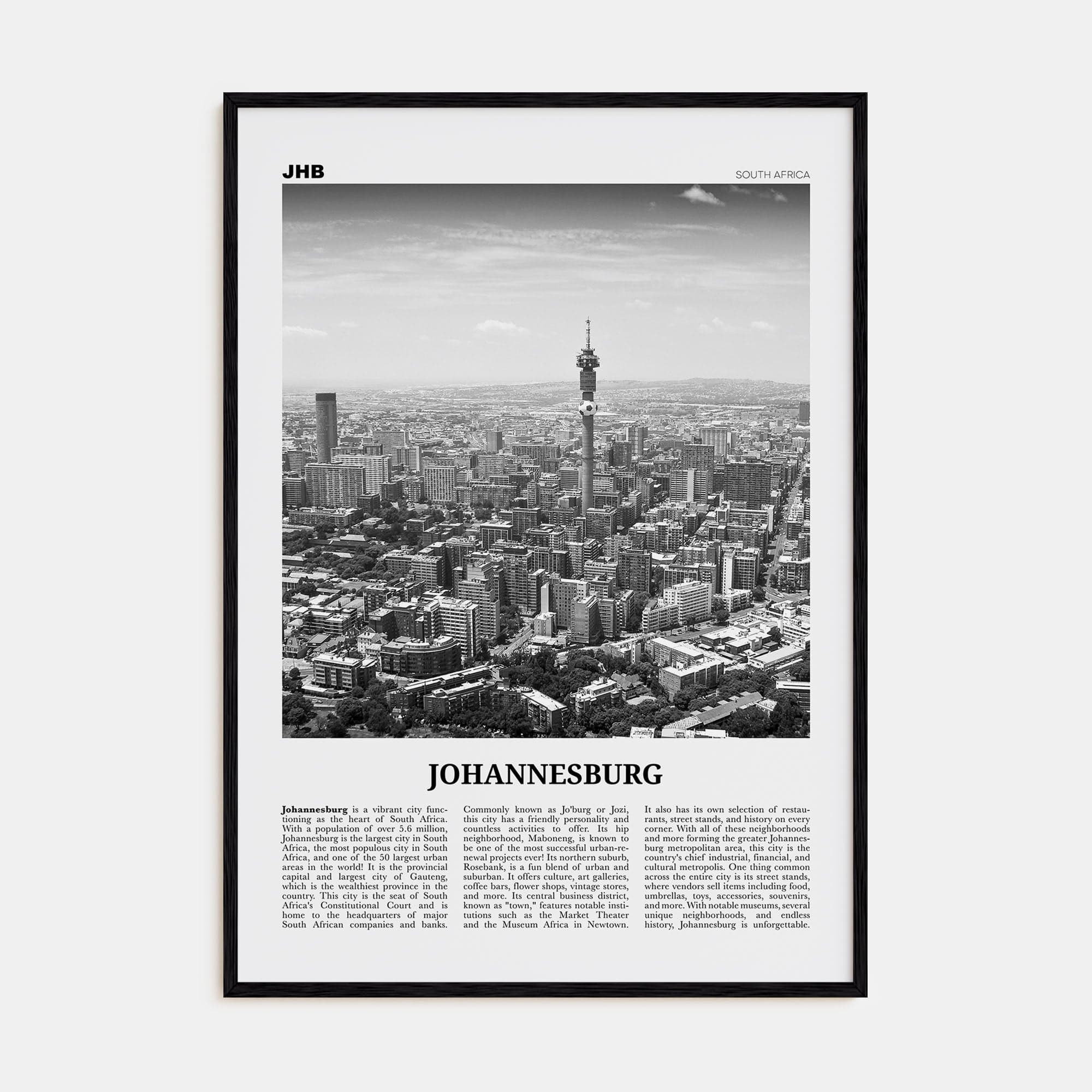 Johannesburg No 1 Poster Black Wood / 8x12 in Nbourhood Travel B&W Poster