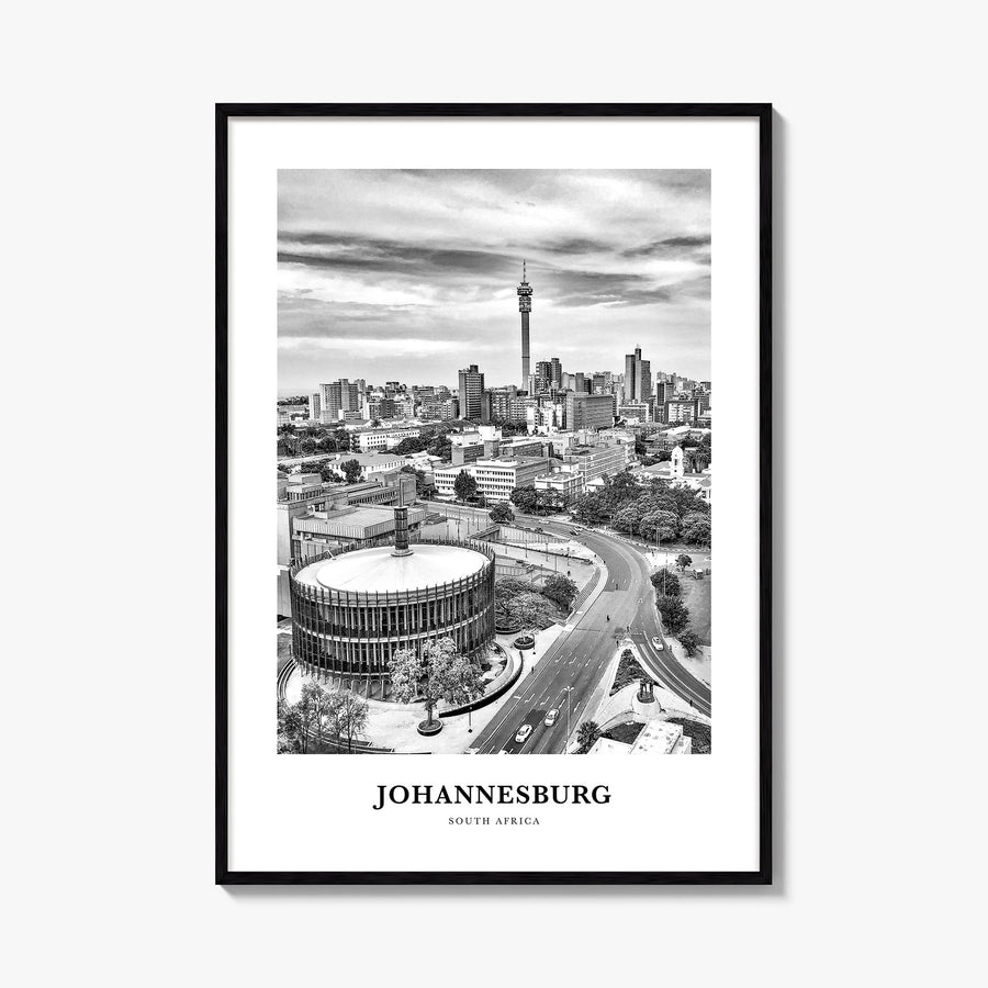 Johannesburg no. 2 black & white classic poster of South Africa – vertical wall art, unframed print shown in interior mockup
