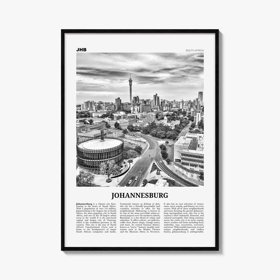 Johannesburg no. 2 black & white newspaper poster of South Africa – vertical wall art, unframed print shown in interior mocku