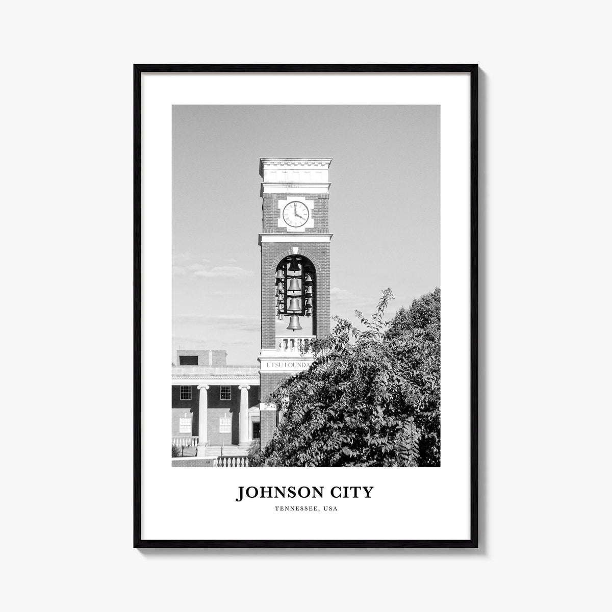 Johnson City black & white classic poster of Tennessee, USA – vertical wall art, unframed print shown in interior mockup