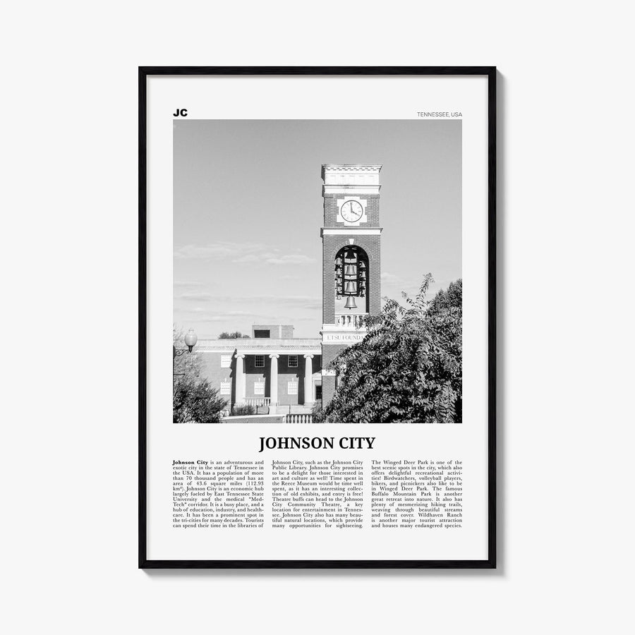 Johnson City black & white newspaper poster of Tennessee, USA – vertical wall art, unframed print shown in interior mockup