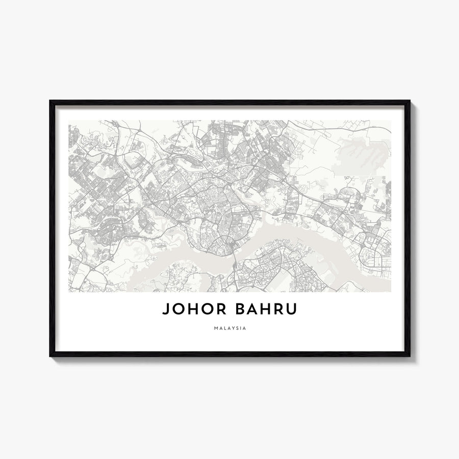 Johor Bahru black & white map poster of Malaysia – horizontal wall art, unframed print shown in interior mockup