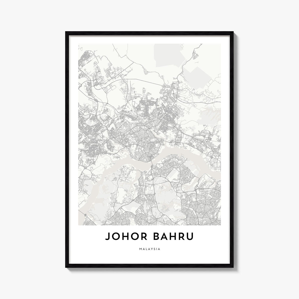 Johor Bahru black & white map poster of Malaysia – vertical wall art, unframed print shown in interior mockup