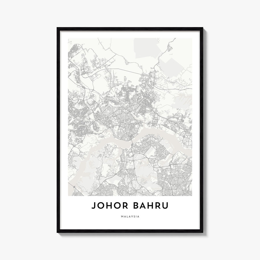 Johor Bahru black & white map poster of Malaysia – vertical wall art, unframed print shown in interior mockup