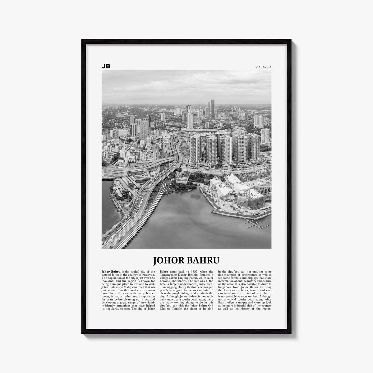 Johor Bahru no. 1 black & white newspaper poster of Malaysia – vertical wall art, unframed print shown in interior mockup