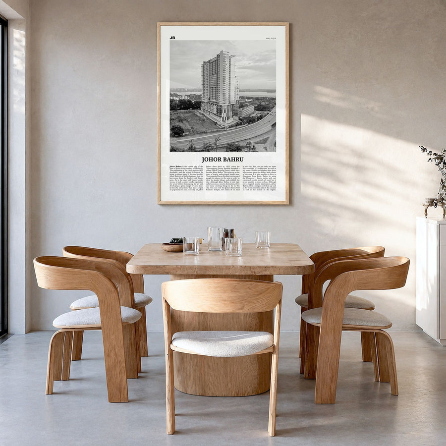 Johor Bahru Newspaper No 2 Poster in a natural wood frame, hanging in a dining room