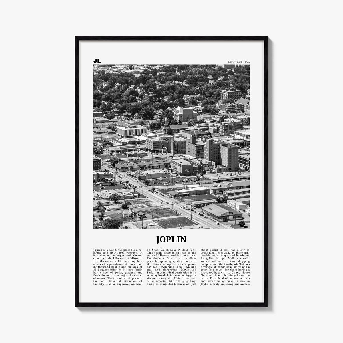 Joplin black & white newspaper poster of Missouri, USA – vertical wall art, unframed print shown in interior mockup
