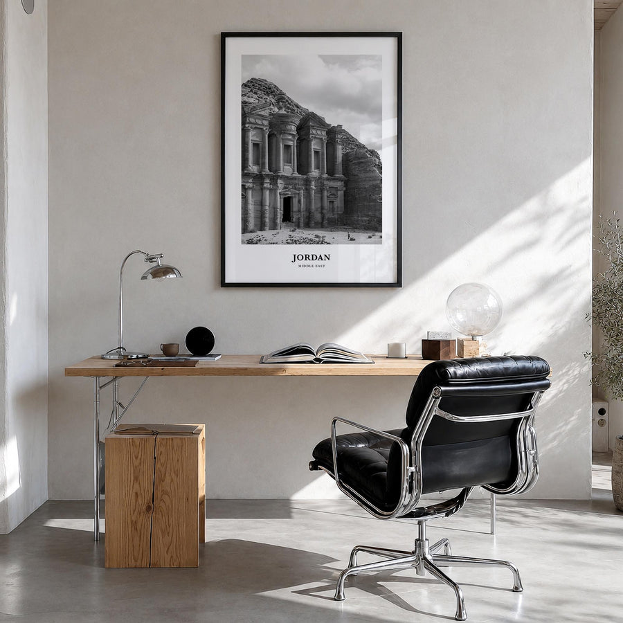 Jordan black & white classic poster of Middle East – vertical wall art in black wood frame, hanging on wall