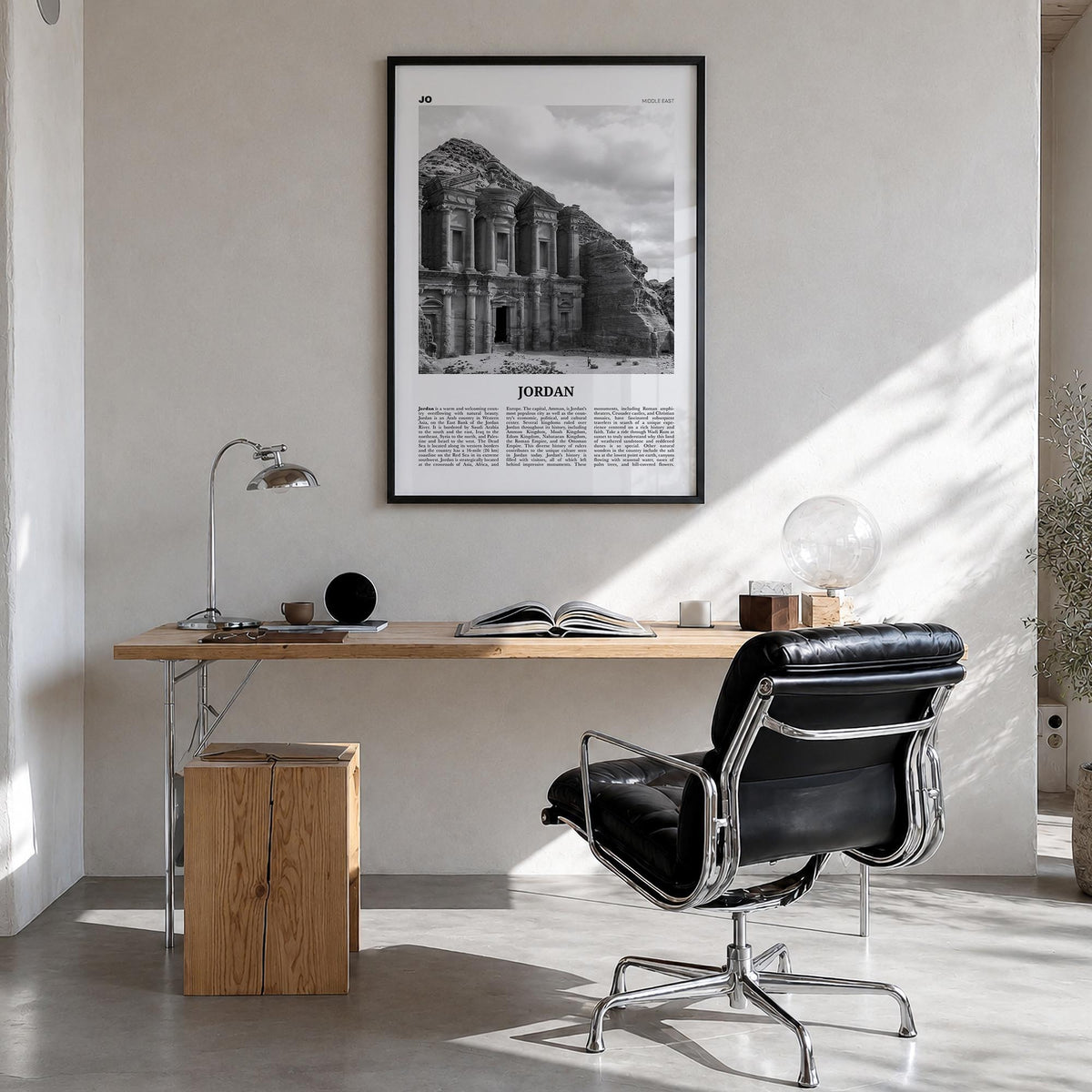 Jordan black & white newspaper poster of Middle East – vertical wall art in black wood frame, hanging on wall
