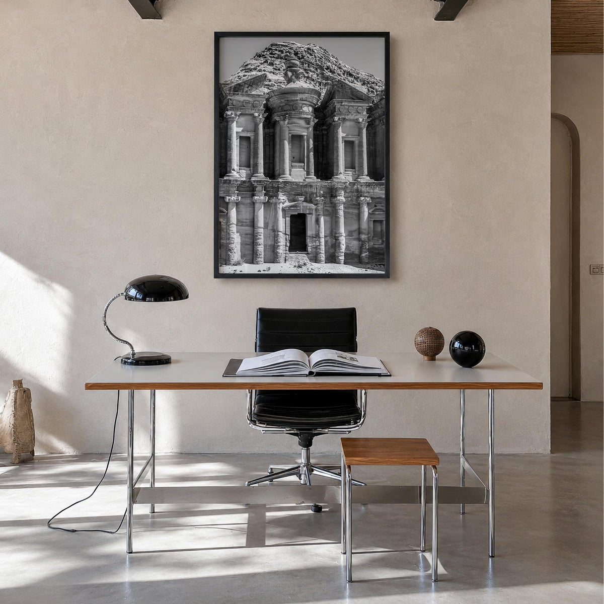 Jordan black & white photo poster of Middle East – vertical wall art in black wood frame, hanging on wall