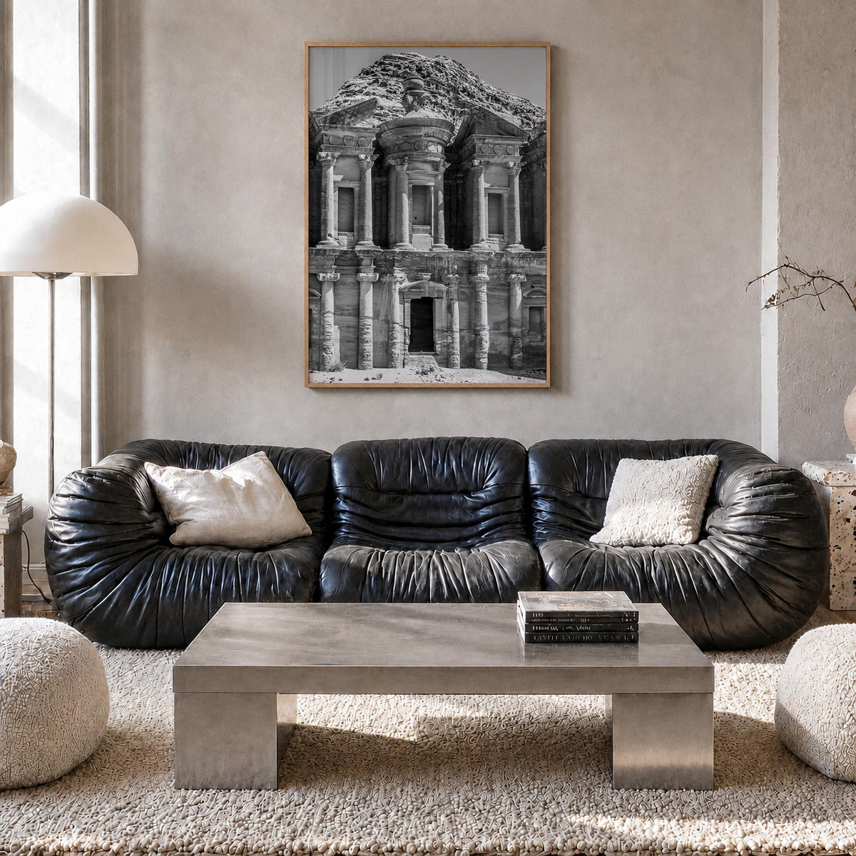 Jordan black & white photo poster of Middle East – vertical wall art in natural wood frame, hanging on wall