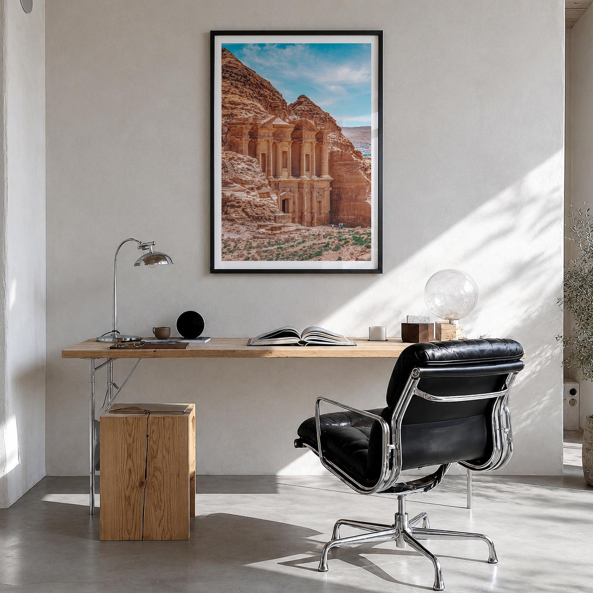 Jordan colorful photo poster of Middle East – vertical wall art in black wood frame with white border, hanging on wall