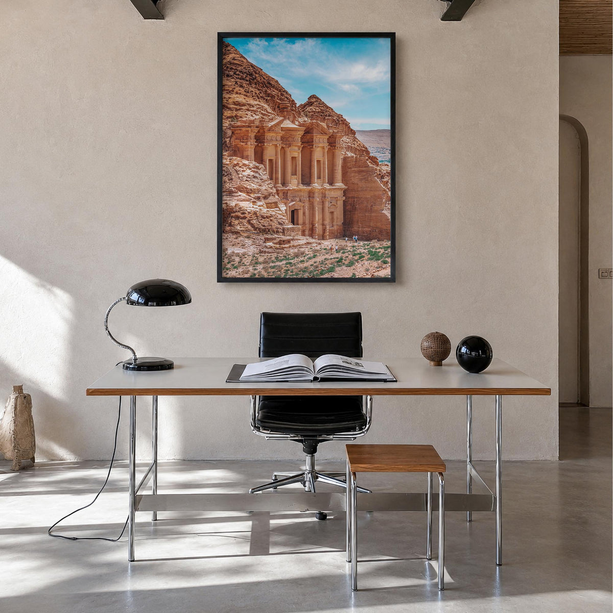 Jordan colorful photo poster of Middle East – vertical wall art in black wood frame, hanging on wall
