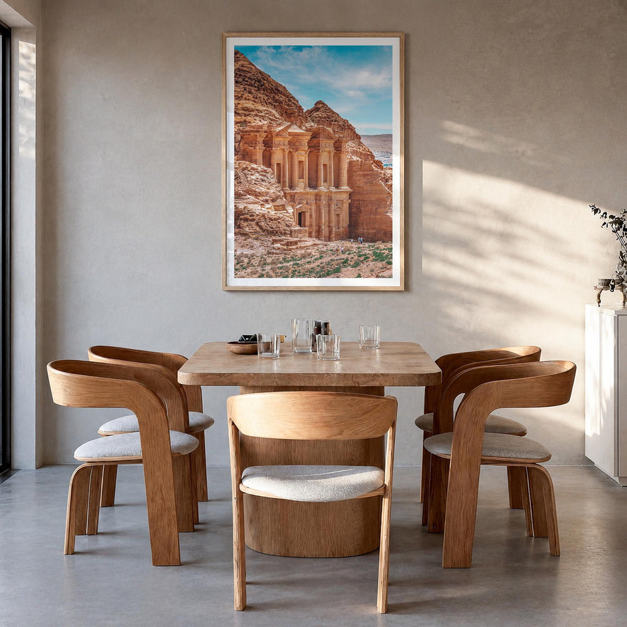 Jordan colorful photo poster of Middle East – vertical wall art in natural wood frame with white border, hanging on wall