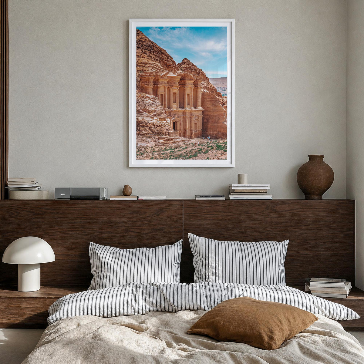 Jordan colorful photo poster of Middle East – vertical wall art in white wood frame with white border, hanging on wall