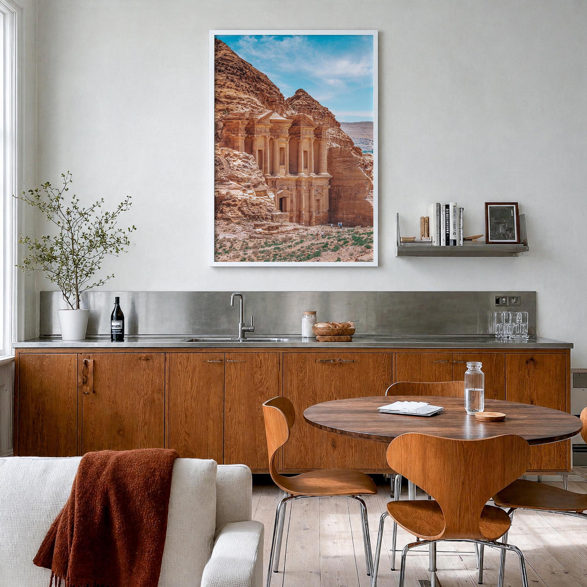 Jordan colorful photo poster of Middle East – vertical wall art in white wood frame, hanging on wall
