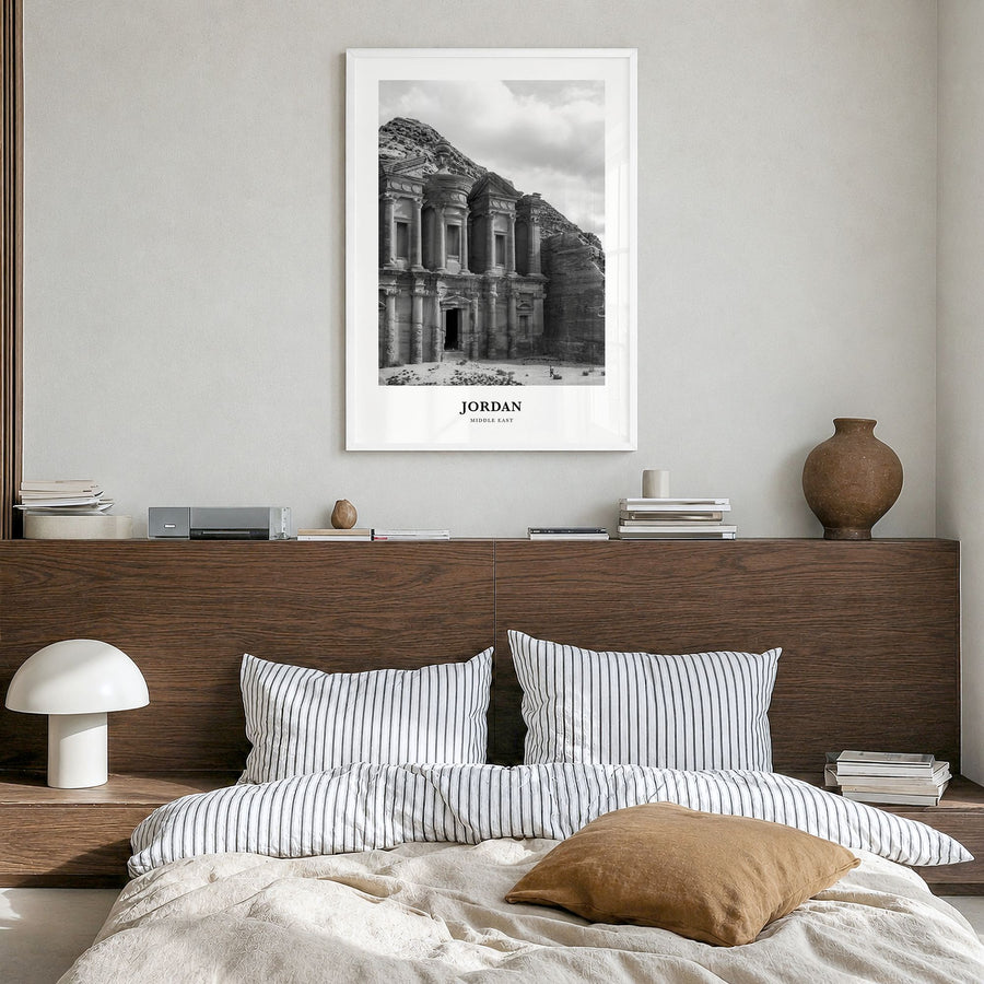 Jordan Classic Poster in a white wood frame, hanging in a bedroom
