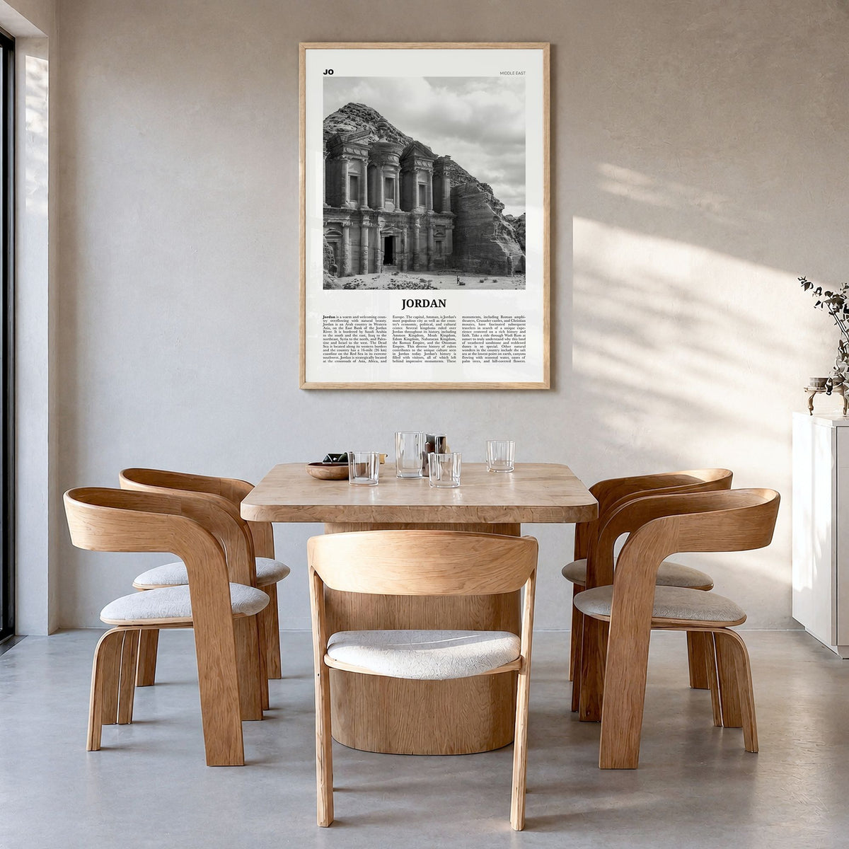 Jordan Newspaper Poster in a natural wood frame, hanging in a dining room