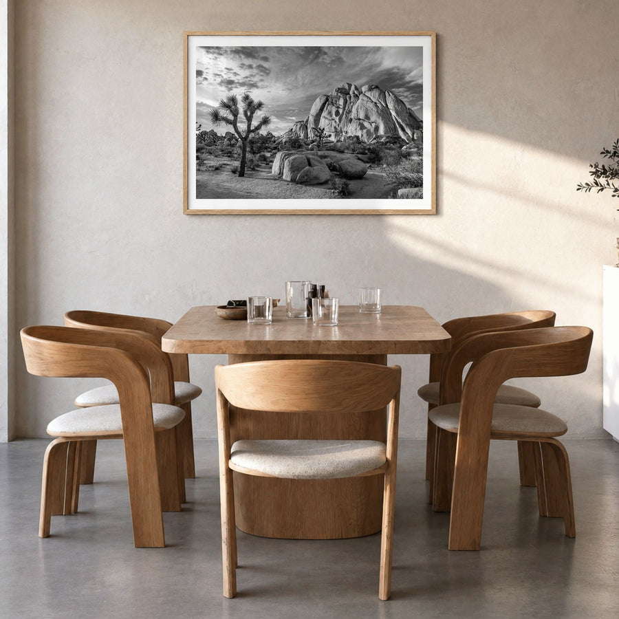 Joshua Tree National Park Photo No 1 Poster in a natural wood frame, hanging in a dining room, white border