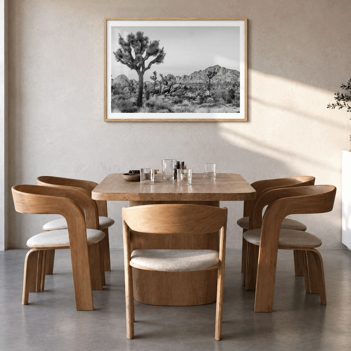 Joshua Tree National Park Photo No 2 Poster in a natural wood frame, hanging in a dining room, white border