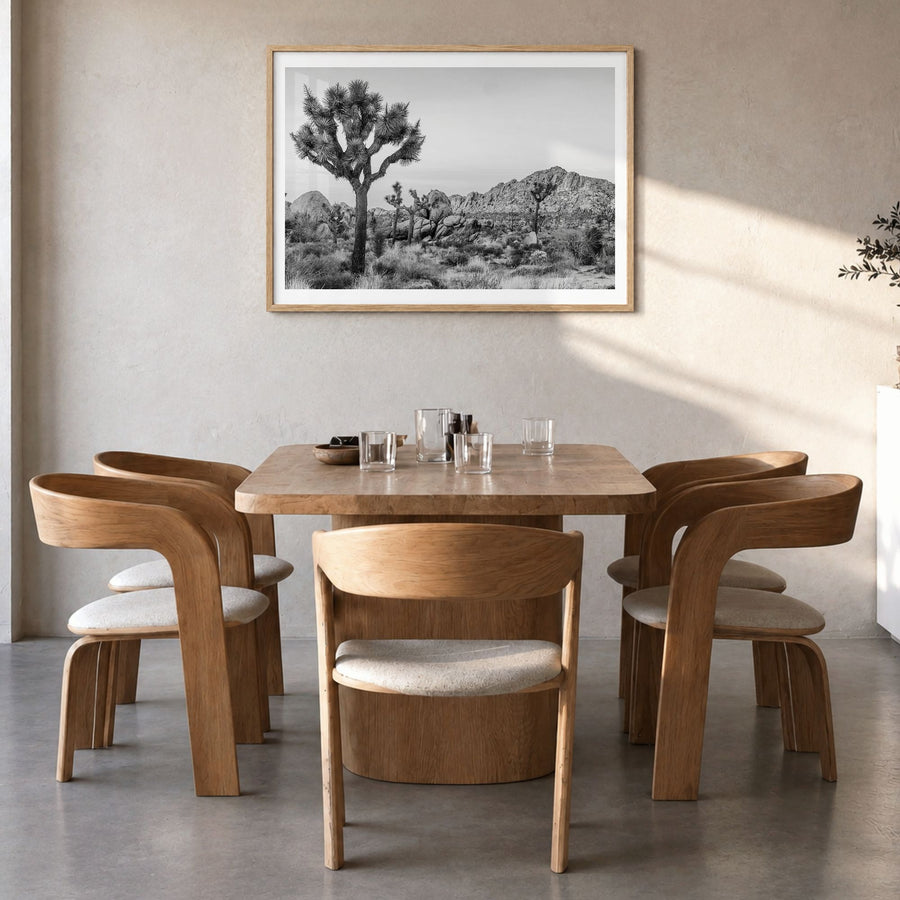 Joshua Tree National Park Photo No 2 Poster in a natural wood frame, hanging in a dining room, white border