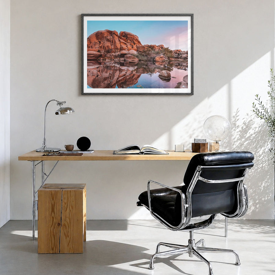 Joshua Tree National Park Photo No 2 Poster in a black wood frame, hanging in a bright home office, white border