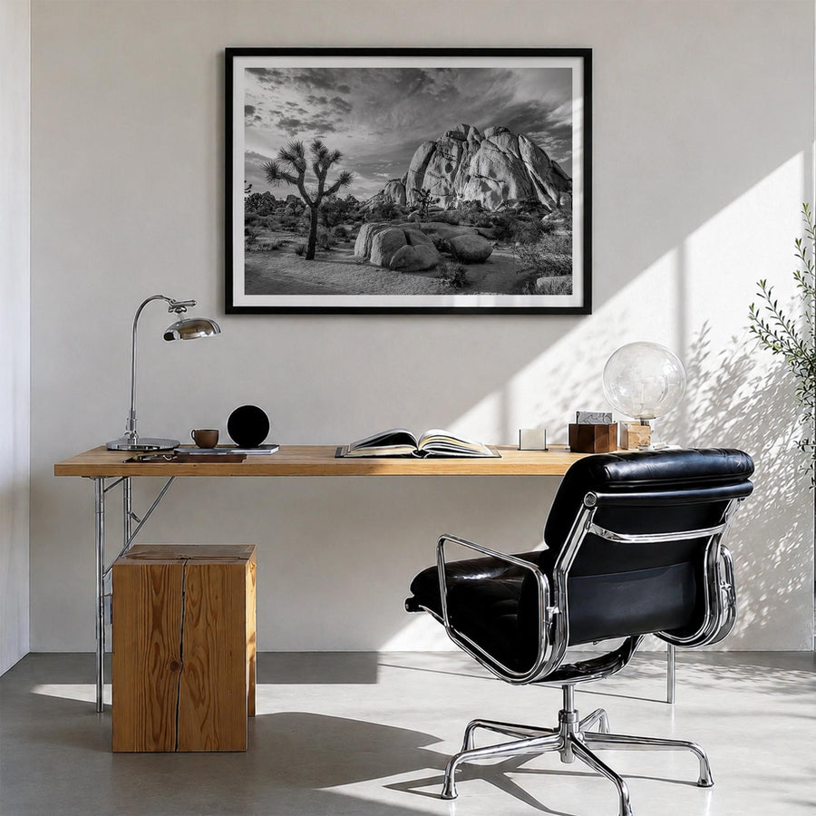 Joshua Tree National Park no. 1 black & white photo poster of California, USA – horizontal wall art in black wood frame with 