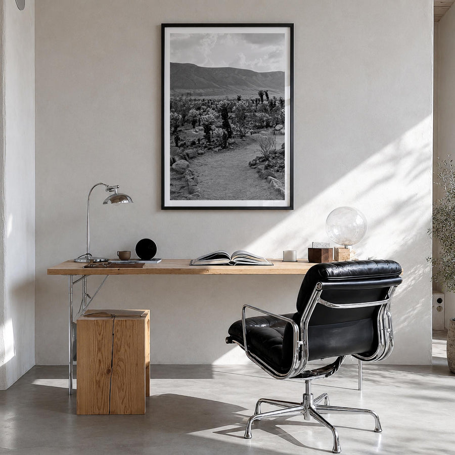 Joshua Tree National Park no. 1 black & white photo poster of California, USA – vertical wall art in black wood frame with wh
