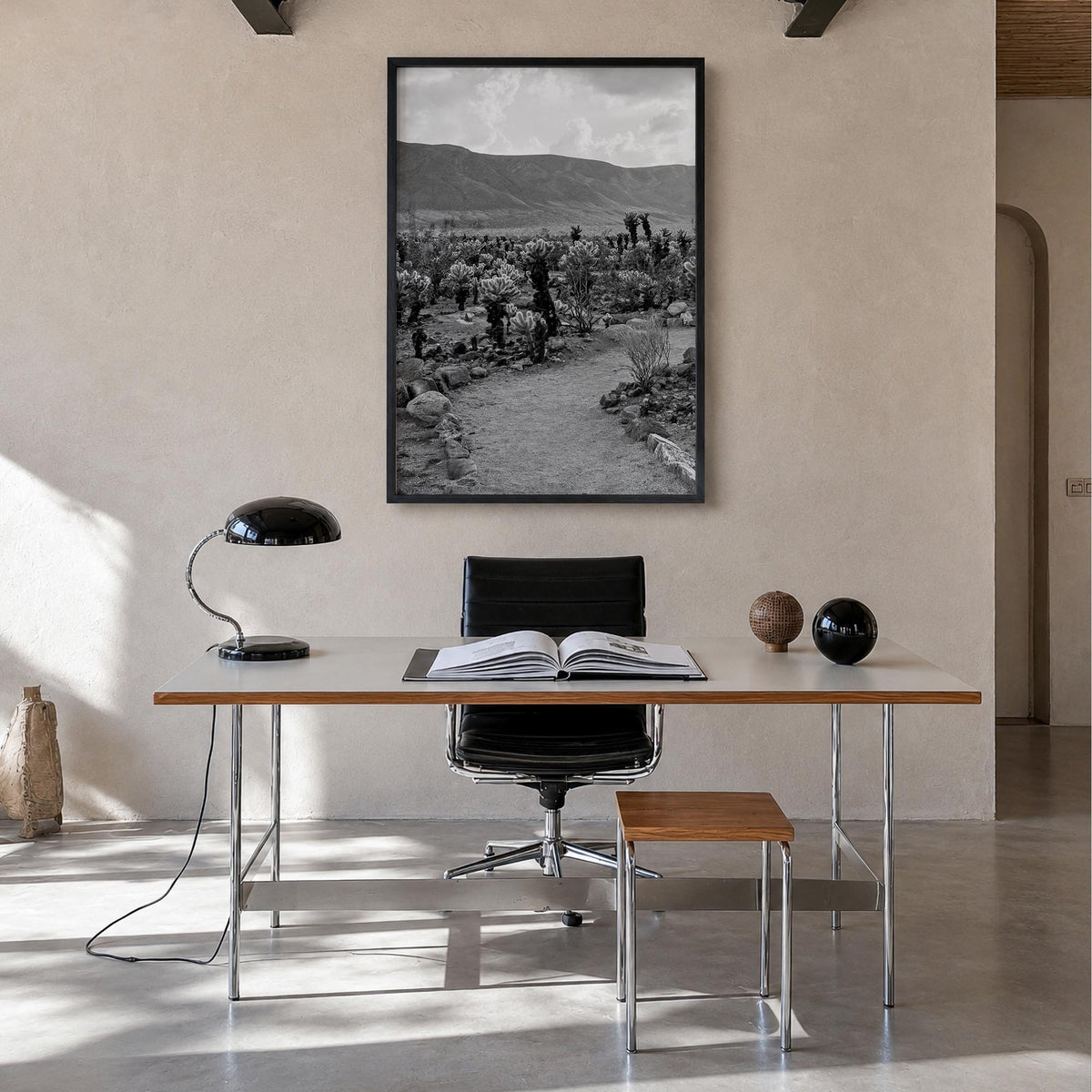 Joshua Tree National Park no. 1 black & white photo poster of California, USA – vertical wall art in black wood frame, hangin