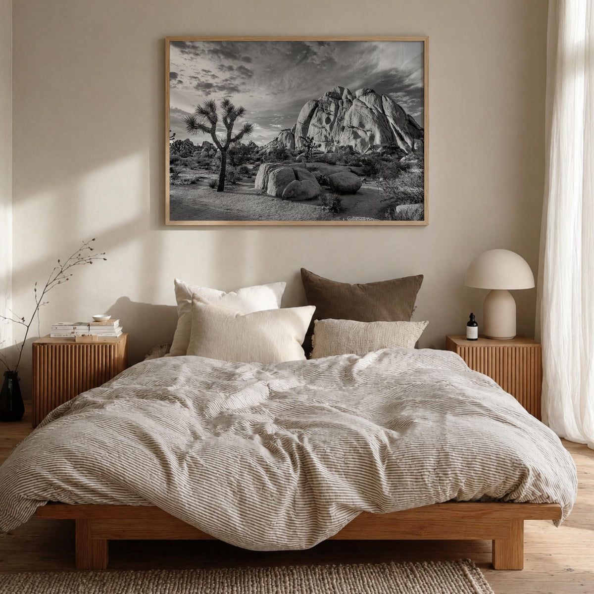 Joshua Tree National Park no. 1 black & white photo poster of California, USA – horizontal wall art in natural wood frame, ha