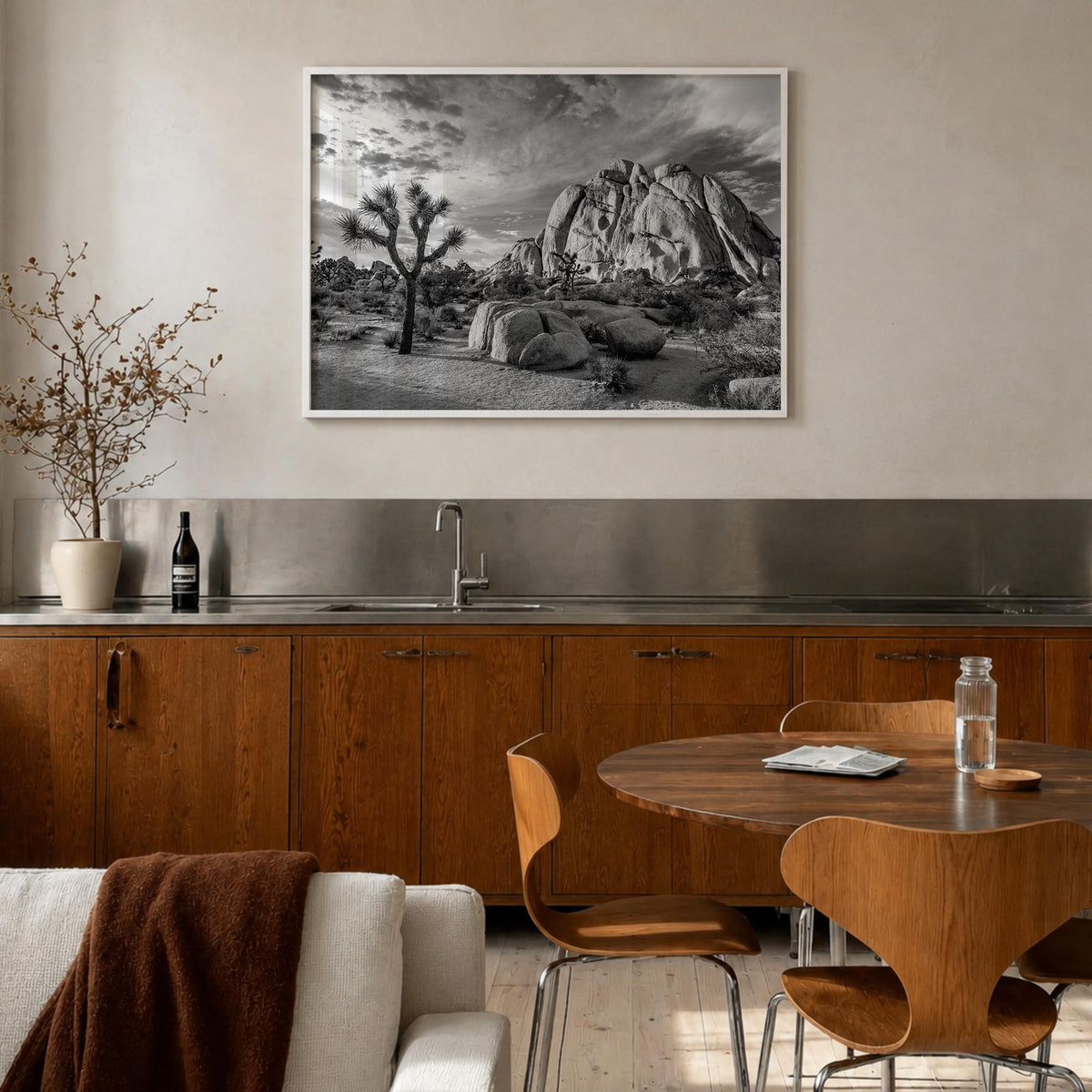 Joshua Tree National Park no. 1 black & white photo poster of California, USA – horizontal wall art in white wood frame, hang