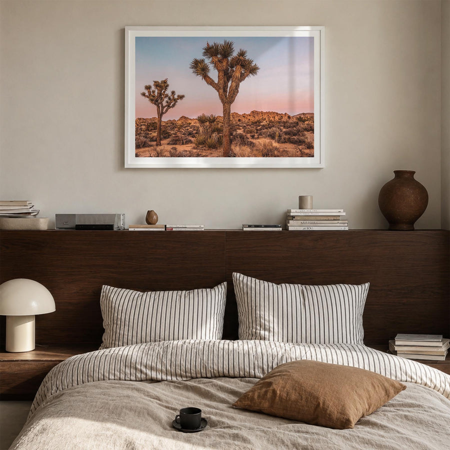 Joshua Tree National Park no. 1 colorful photo poster of California, USA – horizontal wall art in white wood frame with white