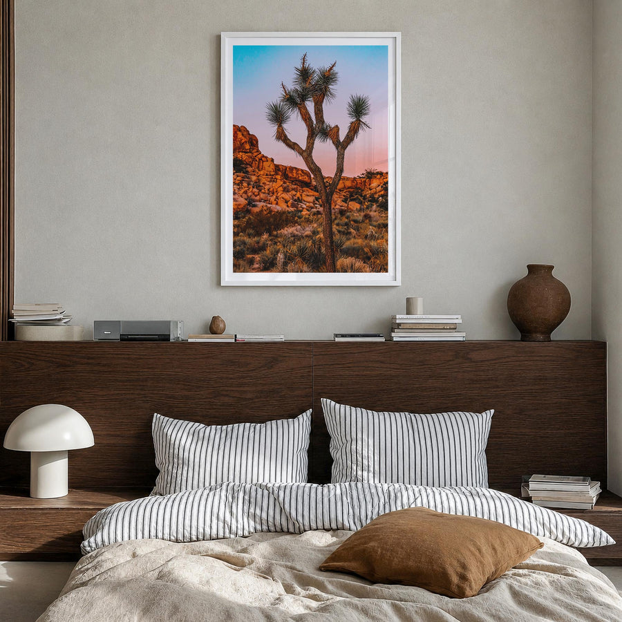 Joshua Tree National Park no. 1 colorful photo poster of California, USA – vertical wall art in white wood frame with white b