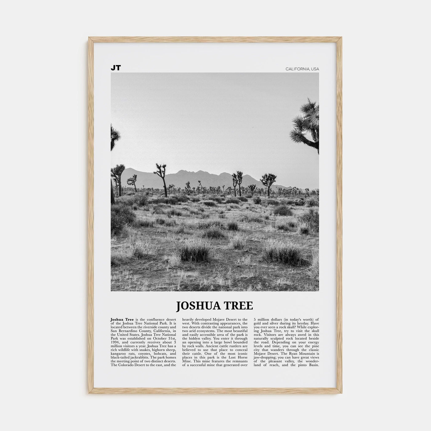 Joshua Tree National Park No 1 Poster Natural Wood / 8x12 in Nbourhood Travel B&W Poster