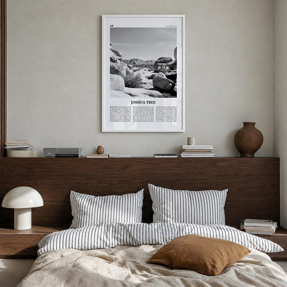 Joshua Tree National Park no. 2 black & white newspaper poster of California, USA – vertical wall art in white wood frame, ha