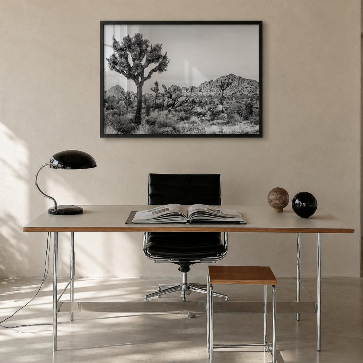 Joshua Tree National Park no. 2 black & white photo poster of California, USA – horizontal wall art in black wood frame, hang