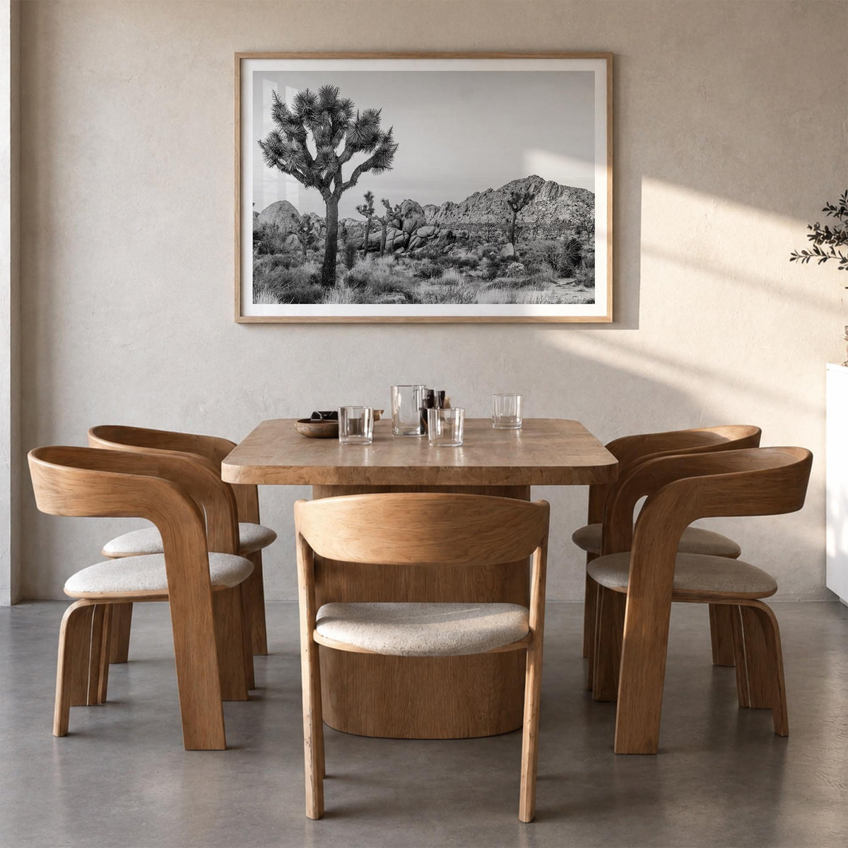 Joshua Tree National Park no. 2 black & white photo poster of California, USA – horizontal wall art in natural wood frame wit