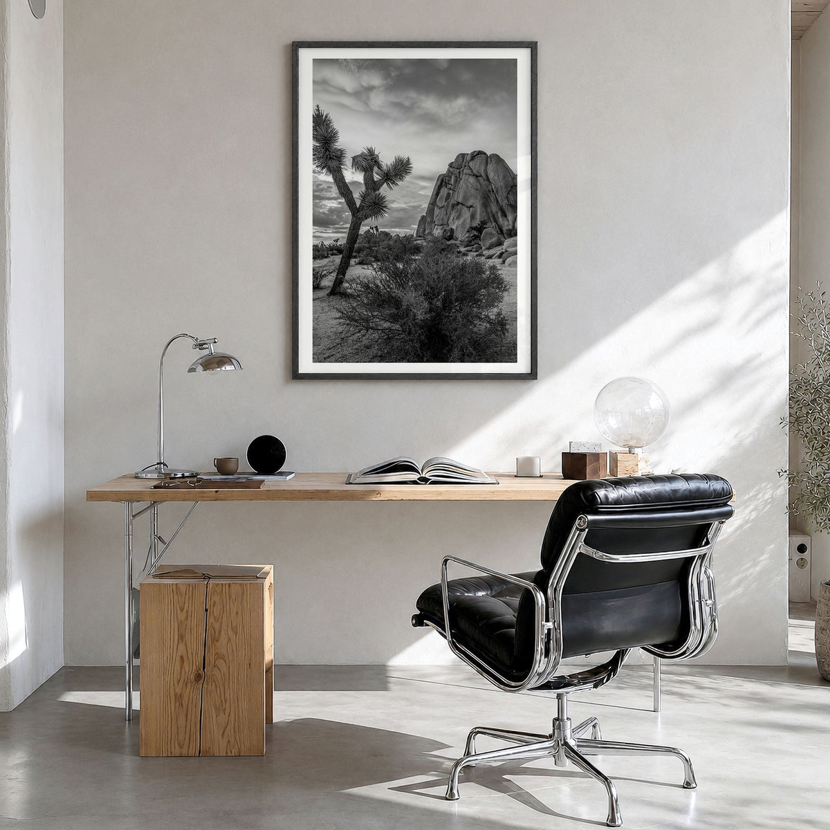 Joshua Tree National Park Photo No 2 Poster in a black wood frame, hanging in a bright home office, white border