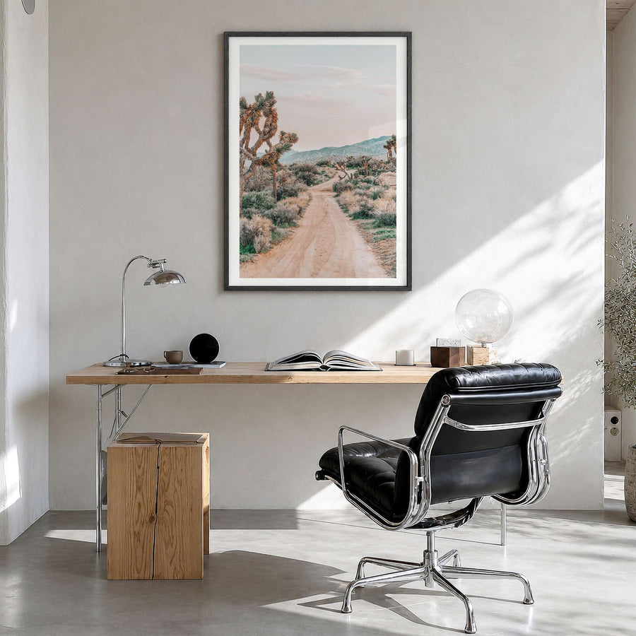 Joshua Tree National Park Photo No 3 Poster in a black wood frame, hanging in a bright home office, white border